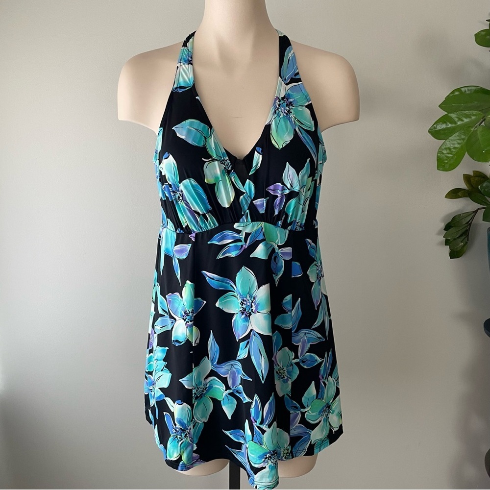 Caribbean Joe Swim Dress Swimsuit One Piece Halter Floral Size 10
